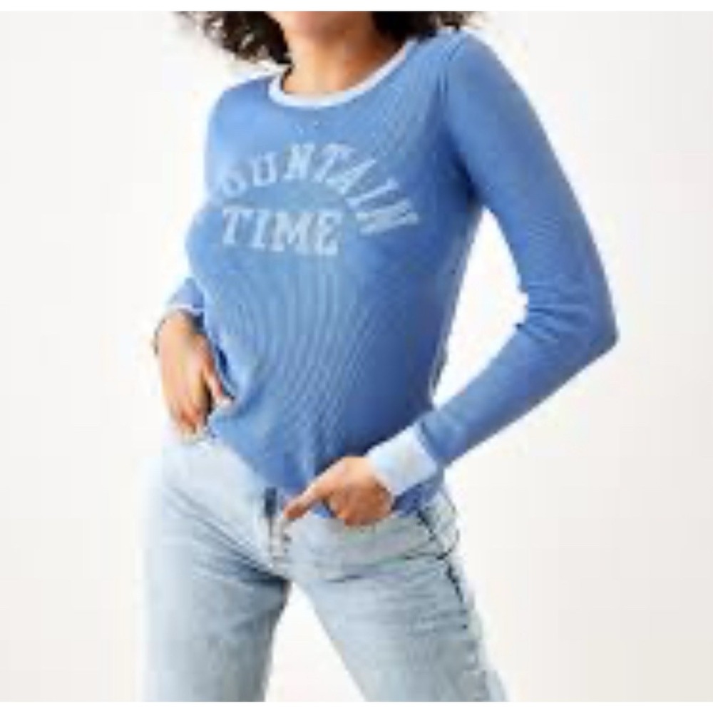 American Eagle Mountain Time Thermal T Shirt XL Long Sleeve Blue‎ Waffle Y2K